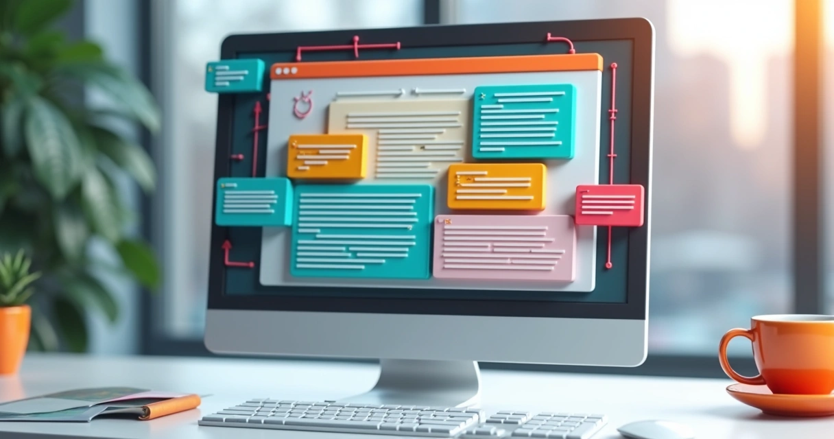 Ilustração 3D de uma landing page com elementos errados como excesso de texto, botões confusos e falta de chamada clara para ação 