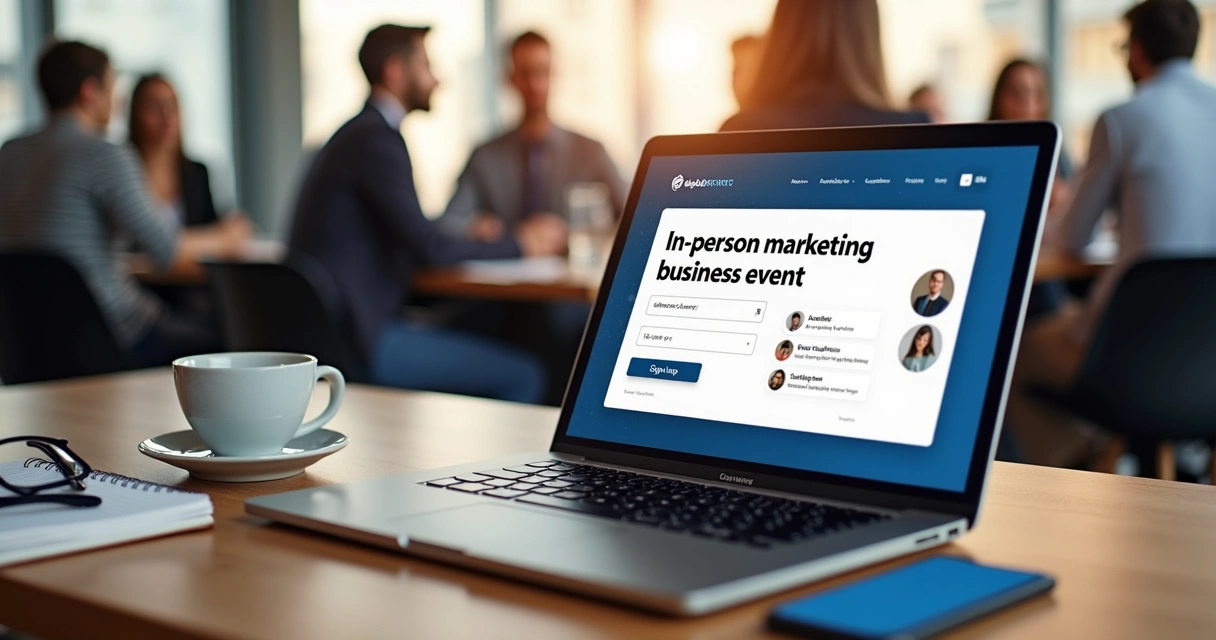 Tela de notebook exibindo landing page de evento presencial com formulário de inscrição em destaque 