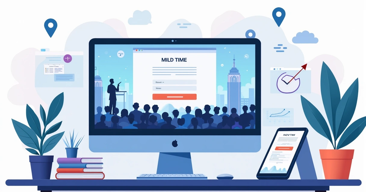 Ilustração de landing page de evento presencial com público e destaque para formulário de inscrição 