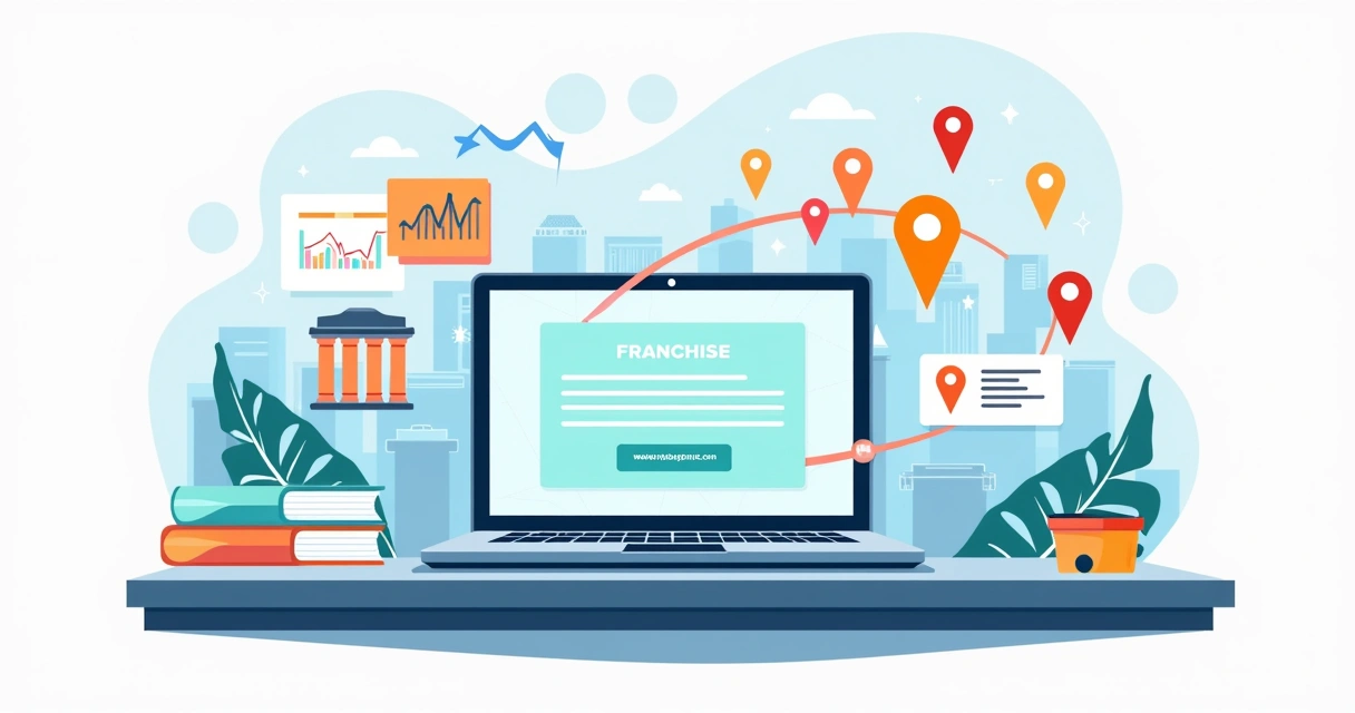 Ilustração de mapa de franquias conectado a landing page com leads chegando 