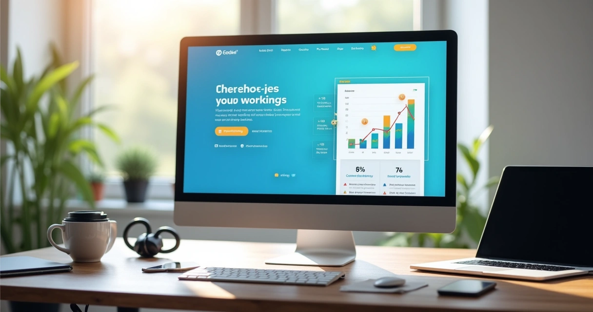 Tela de computador exibindo landing page otimizada com formulário e gráfico de conversões ao lado 