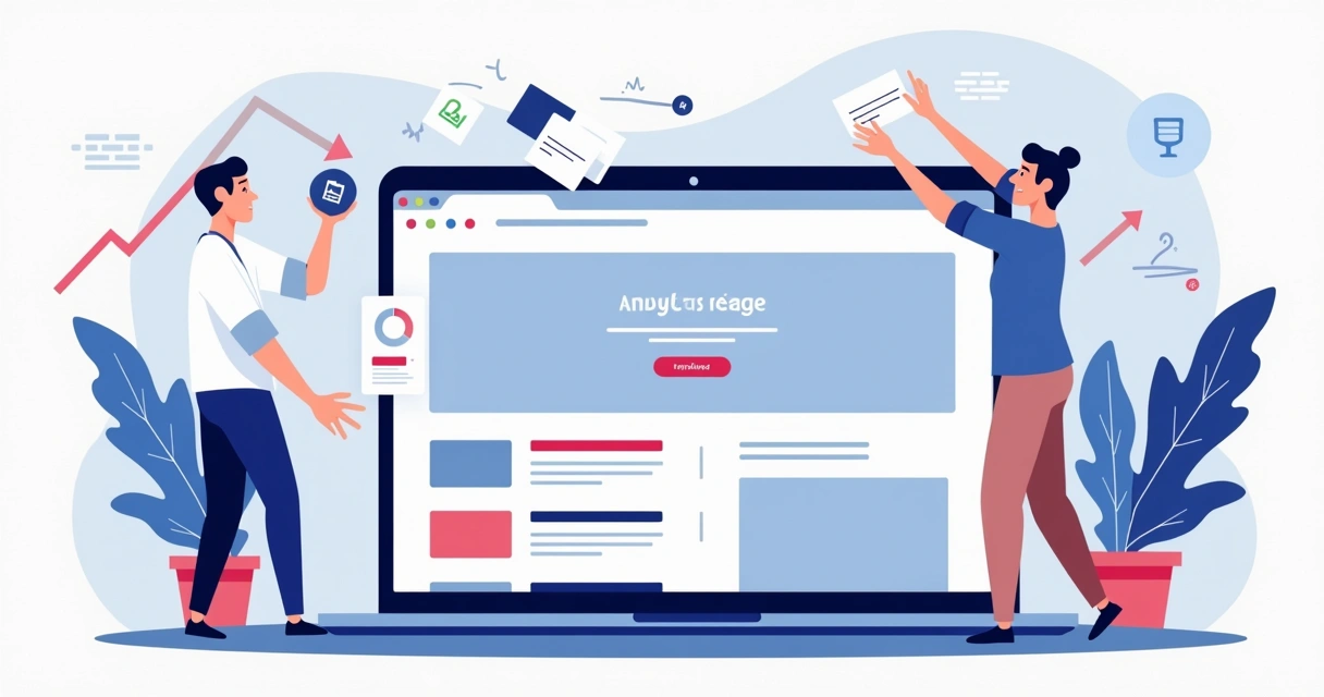 Ilustração de profissional criando landing page grátis focada em geração de leads no computador 