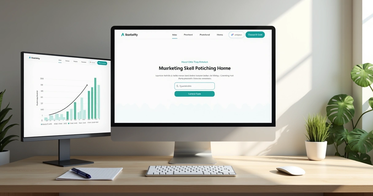 Painel com gráfico de conversão ao lado de mockup de landing page em fundo claro minimalista 