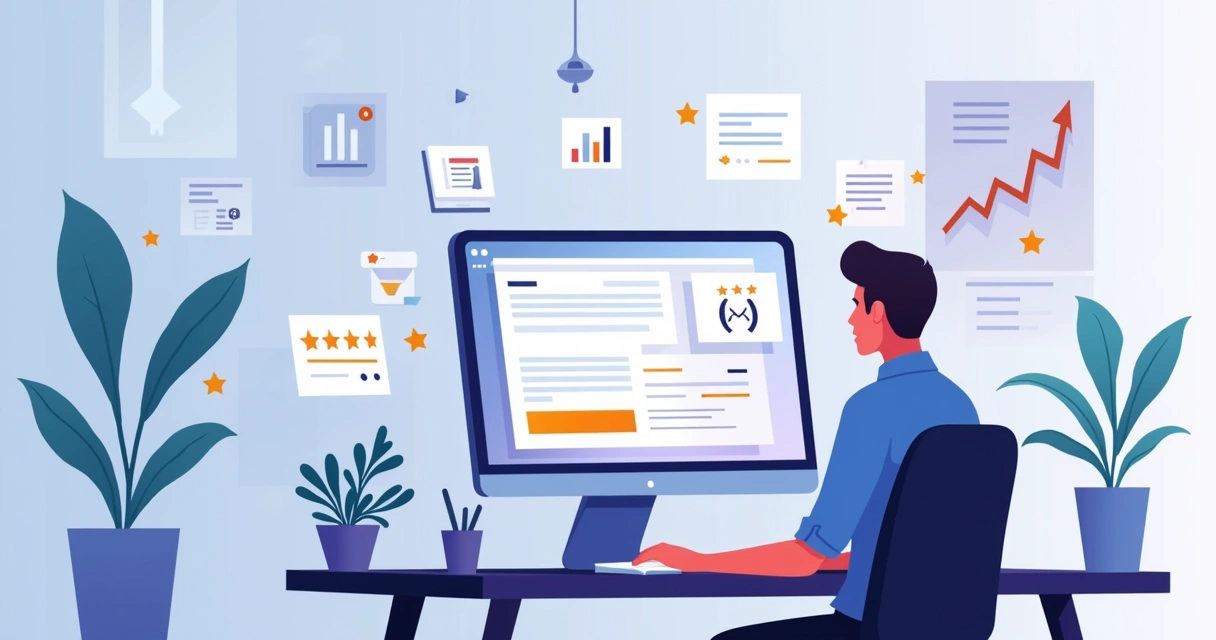 Ilustração de profissional criando landing page gratuita focada em conversão no computador 