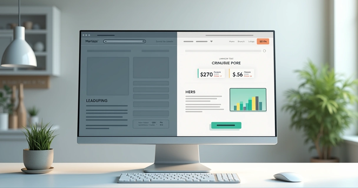 Tela mostrando transformação de rascunho em landing page profissional com gráficos de conversão ao lado 