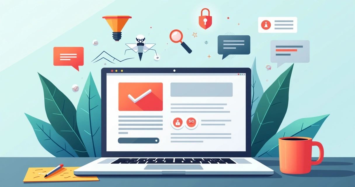 Wireframe de landing page aberta em notebook com ícones de CTA, SEO e testes A/B ao redor 