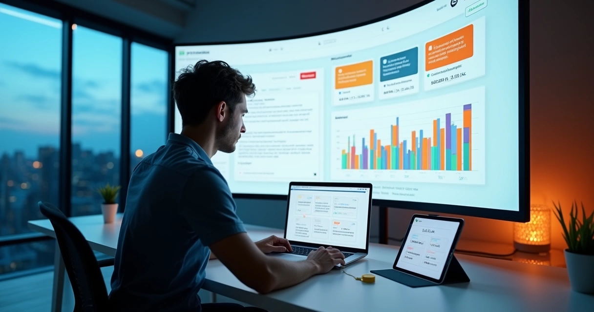 Profissional analisa landing page com gráficos de conversão em tela gigante 