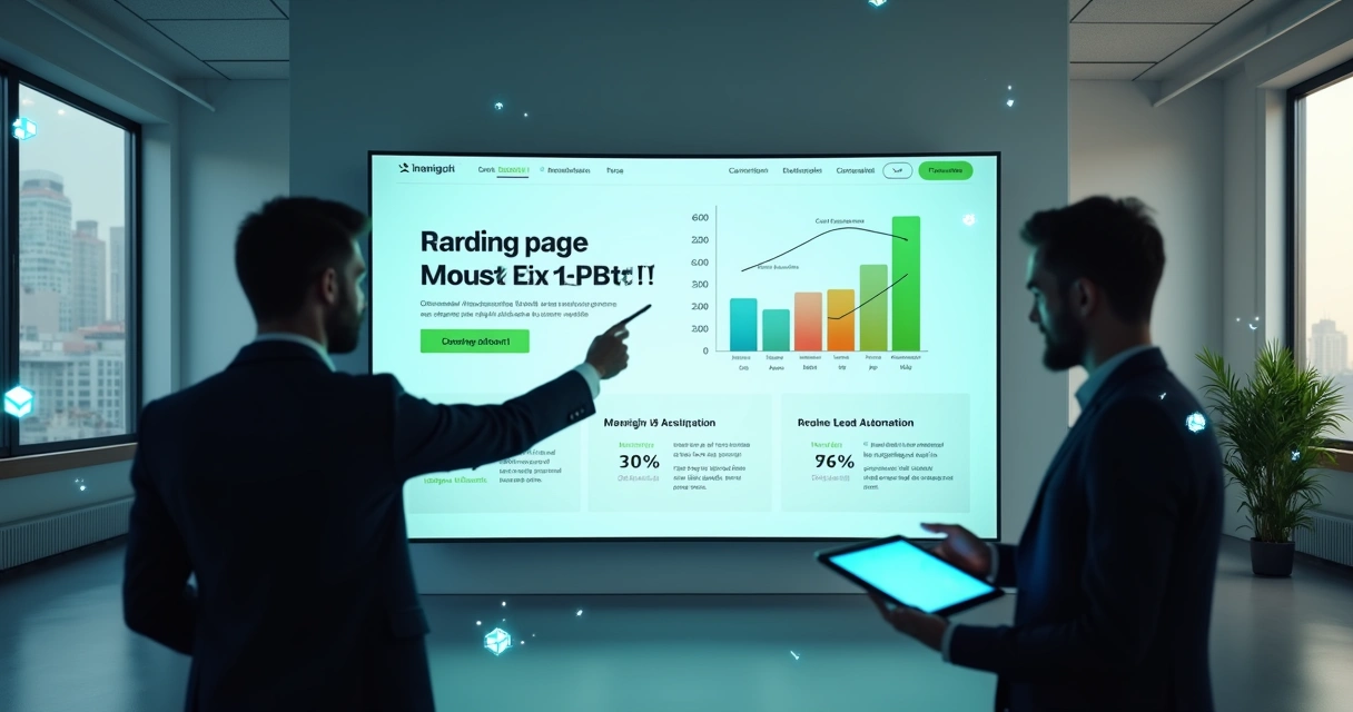 Painel grande exibindo landing page otimizada com gráficos de leads em destaque 