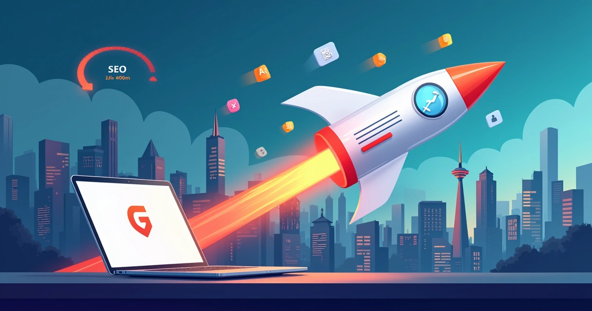 Conceito visual de landing page veloz otimizada com IA e SEO 