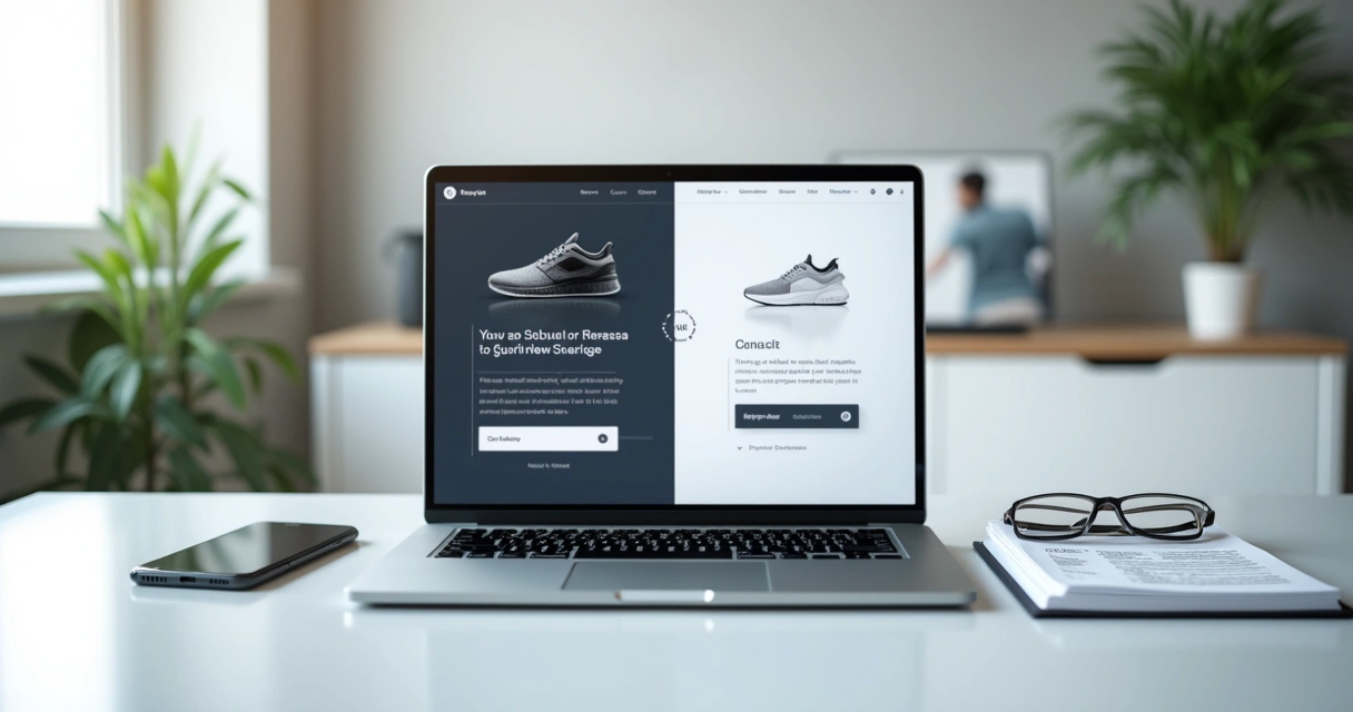 Tela de notebook exibindo landing page com imagens de produtos profissionais 