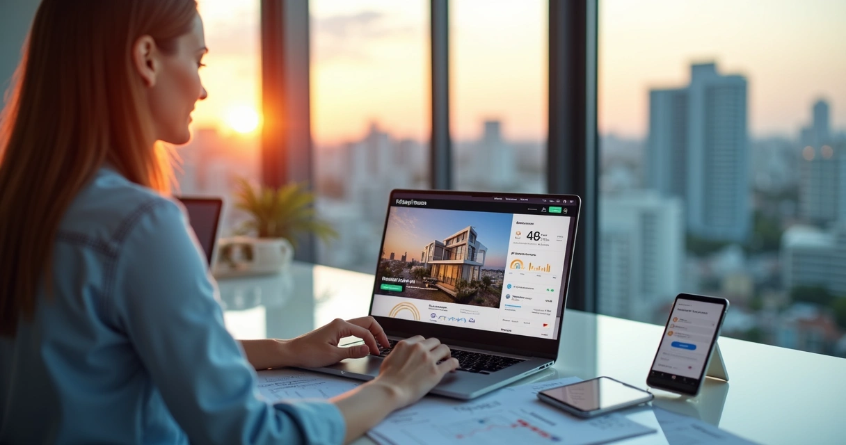 Corretora analisando landing page de imóveis em notebook com painel de leads na tela 