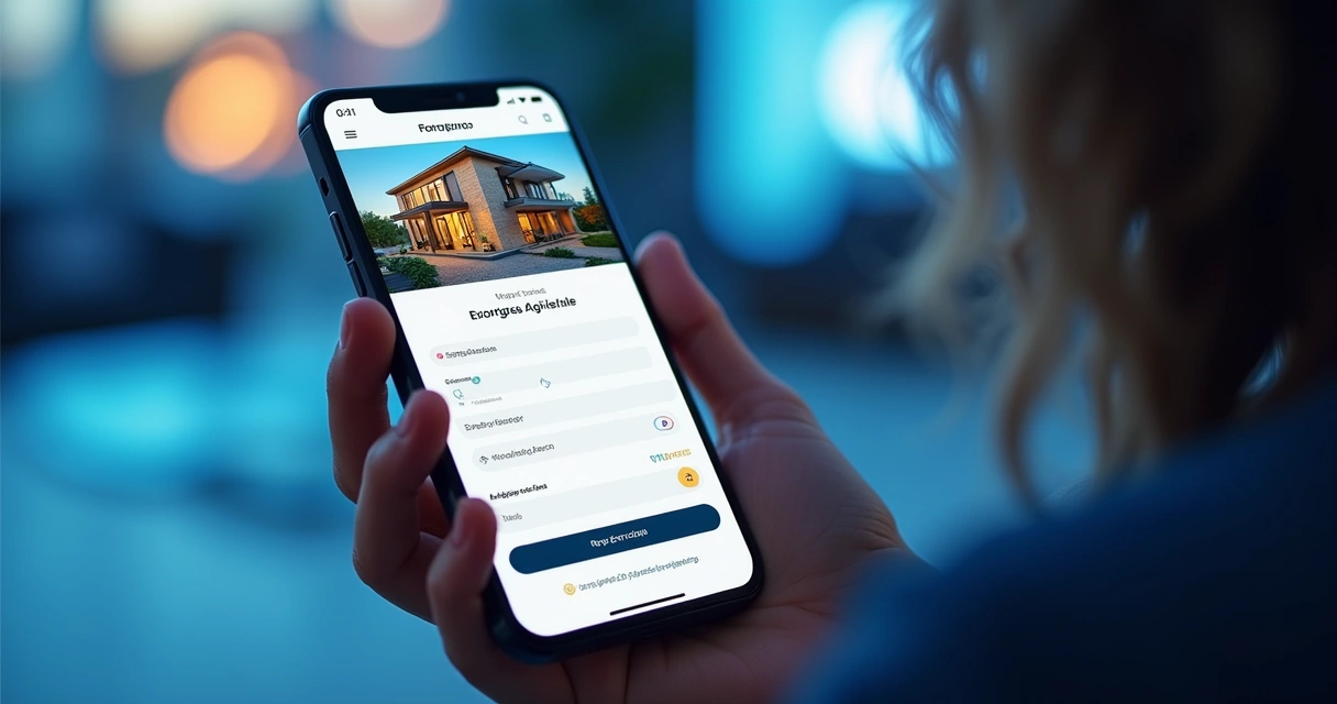 Design de landing page imobiliária em um smartphone com elementos de formulário moderno 