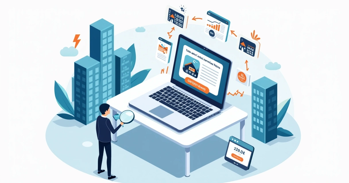 Ilustração de landing page de imobiliária gerando leads em laptop com gráficos de crescimento 