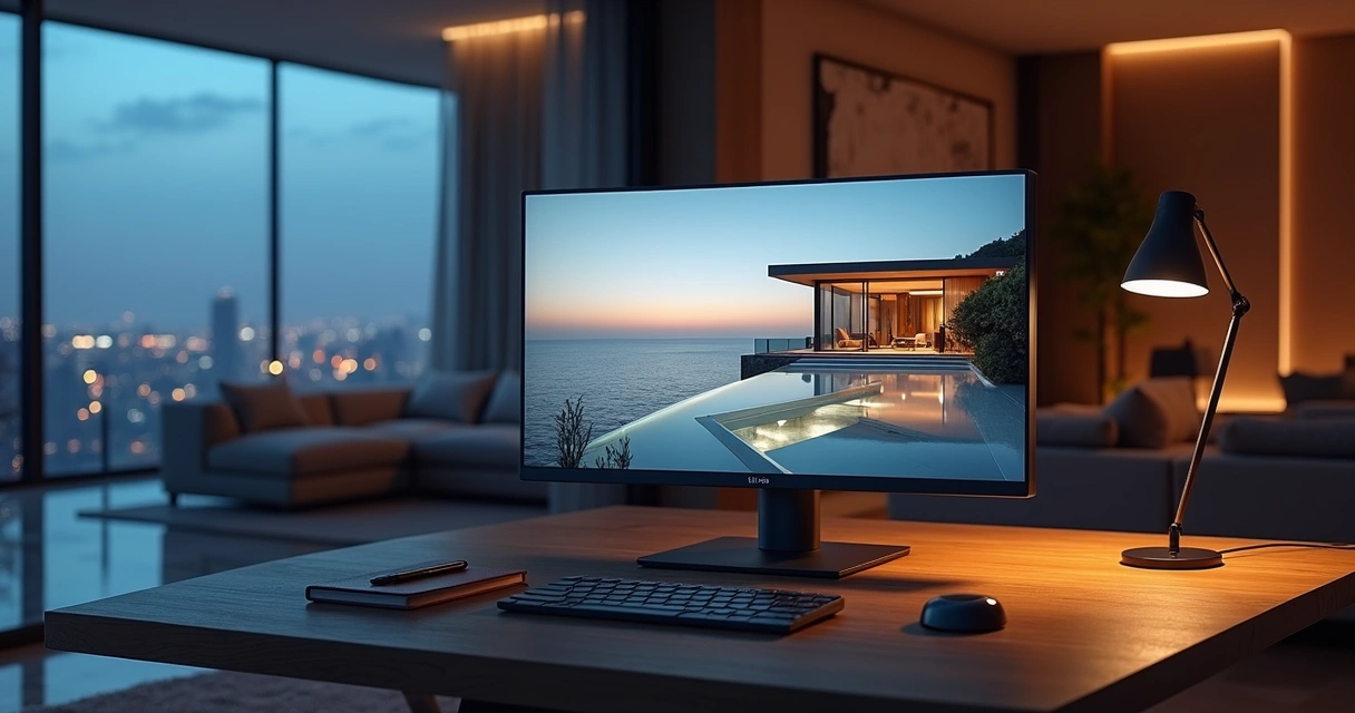 Monitor exibe landing page de imóvel de luxo com sala elegante ao fundo 