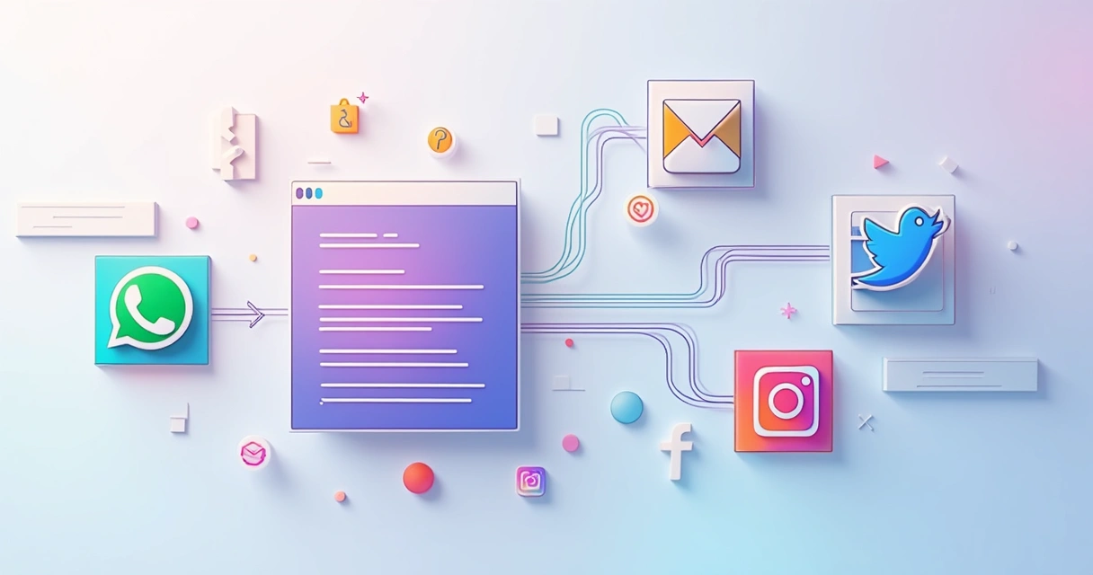 Ilustração de integração entre landing page, WhatsApp, e-mail e redes sociais 