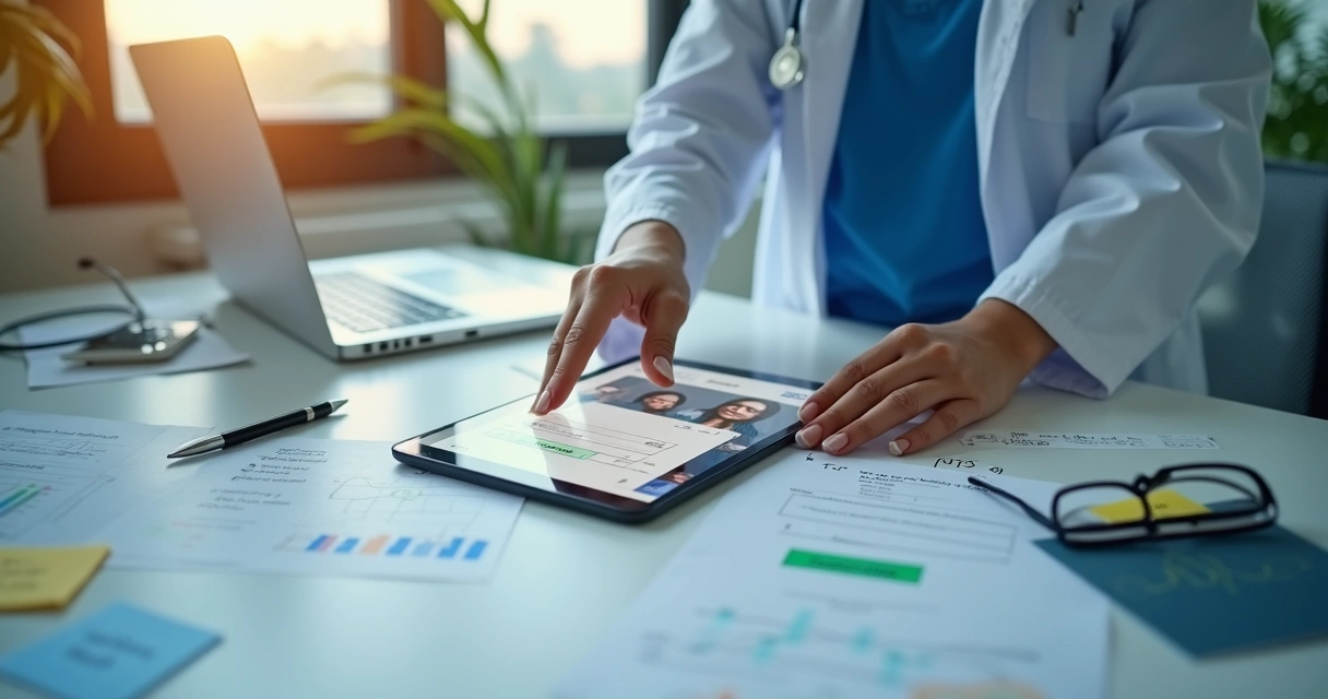 Médica ajustando landing page em tablet sobre mesa com elementos de marketing digital 