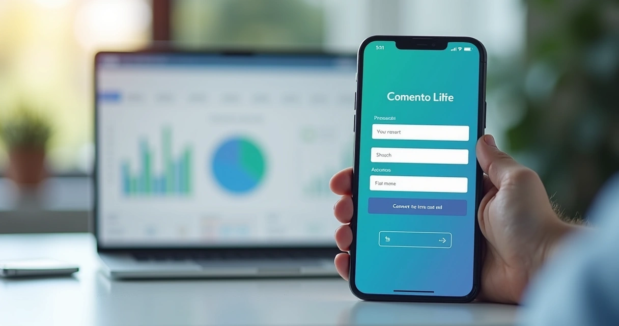 Landing page aberta em smartphone com botão de cadastro destacado 