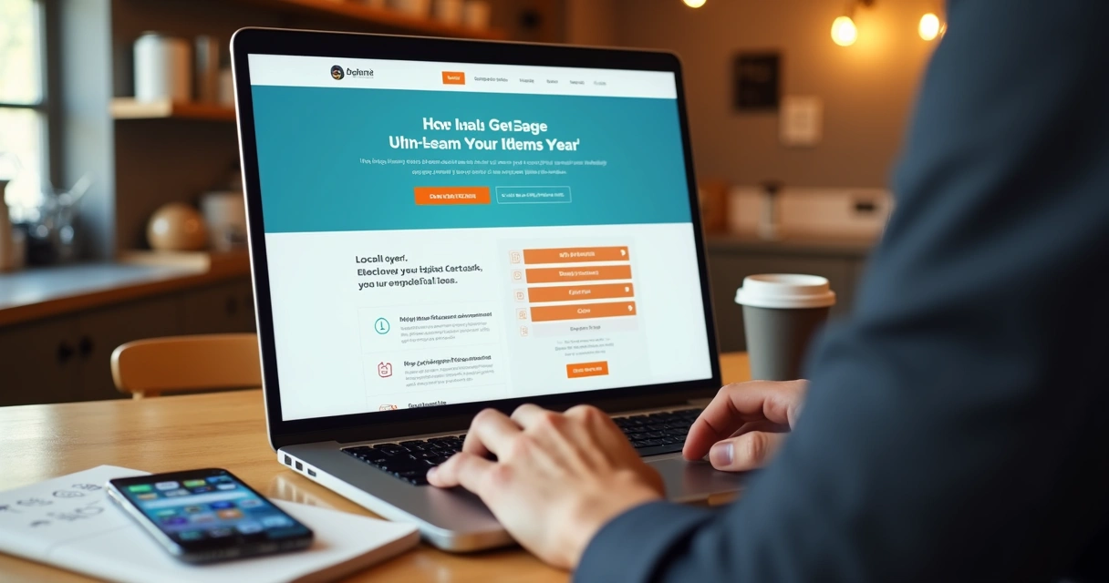 Empreendedora criando landing page de negócio local no laptop 