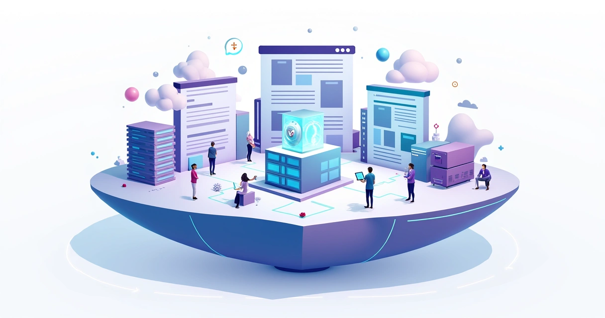 Ilustração com ilha flutuante dividida em três nichos B2B e landing pages conectadas 