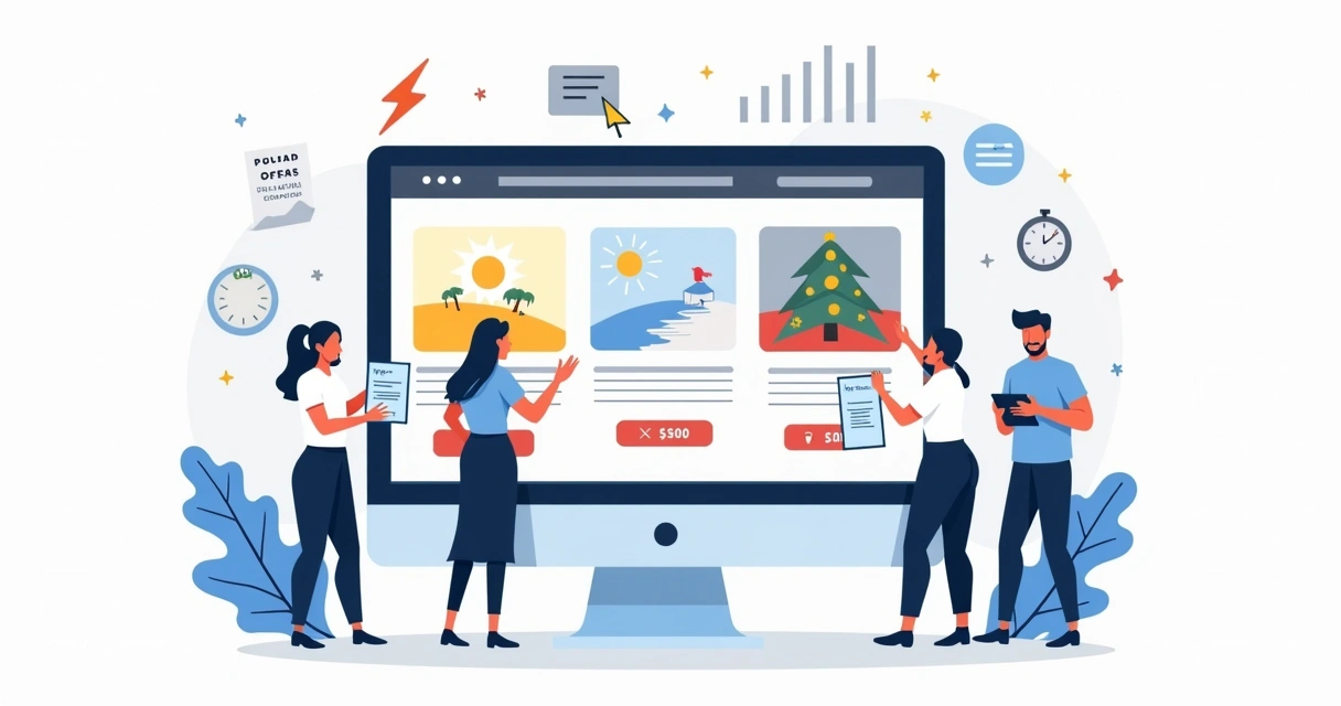 Equipe criando landing page com ofertas personalizadas para datas sazonais 