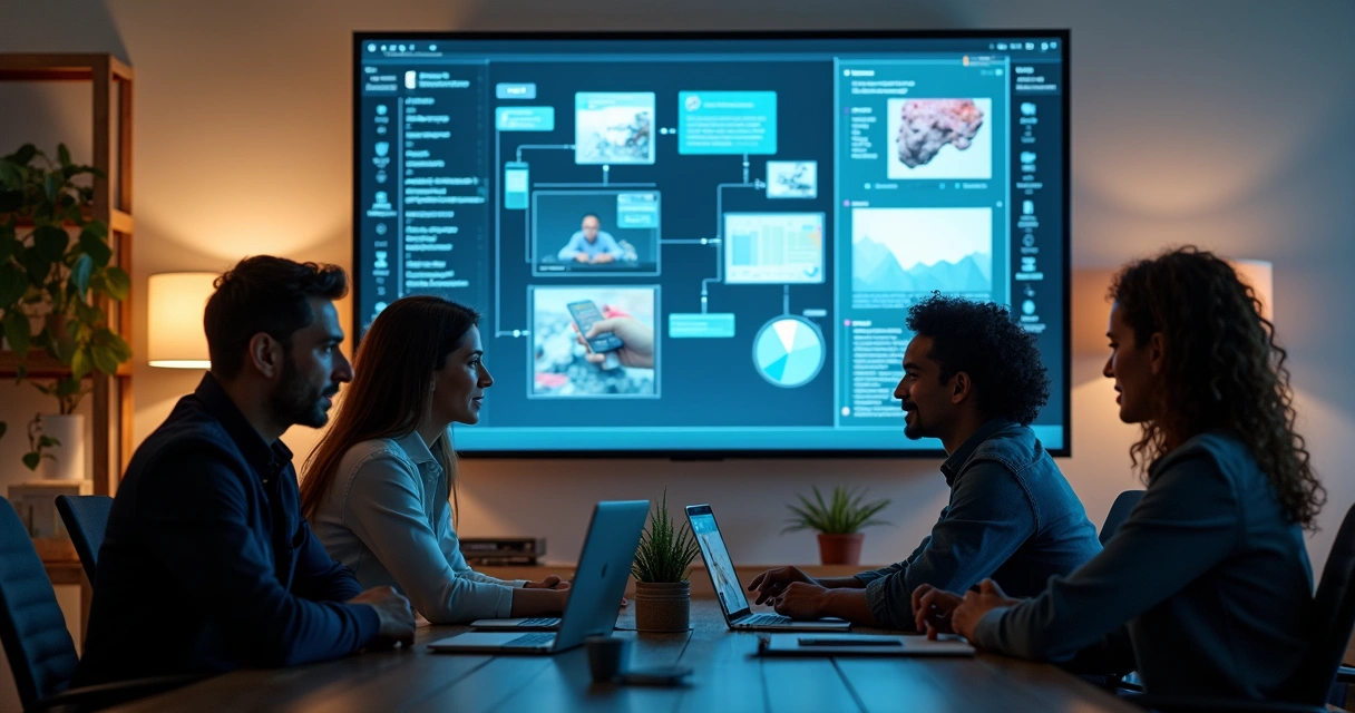 Equipe de marketing analisando landing page profissional em tela grande 