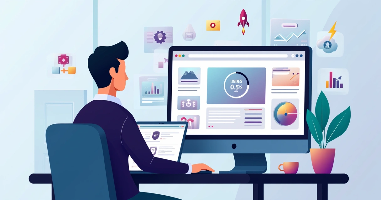 Ilustração de profissional de marketing analisando landing page rápida com gráficos de conversão em alta 