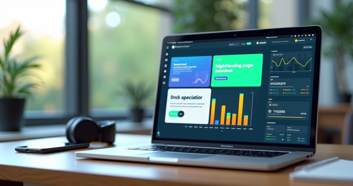 Tela de landing page rápida com gráficos de conversão crescendo em notebook sobre mesa de trabalho digital 