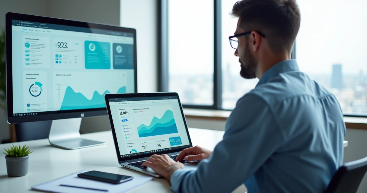 Profissional criando landing page rápida em notebook com gráficos de conversão na tela 