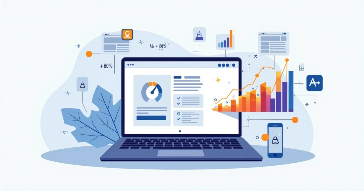 Dashboard de landing page rápida com velocímetro de carga e gráfico de vendas em alta 