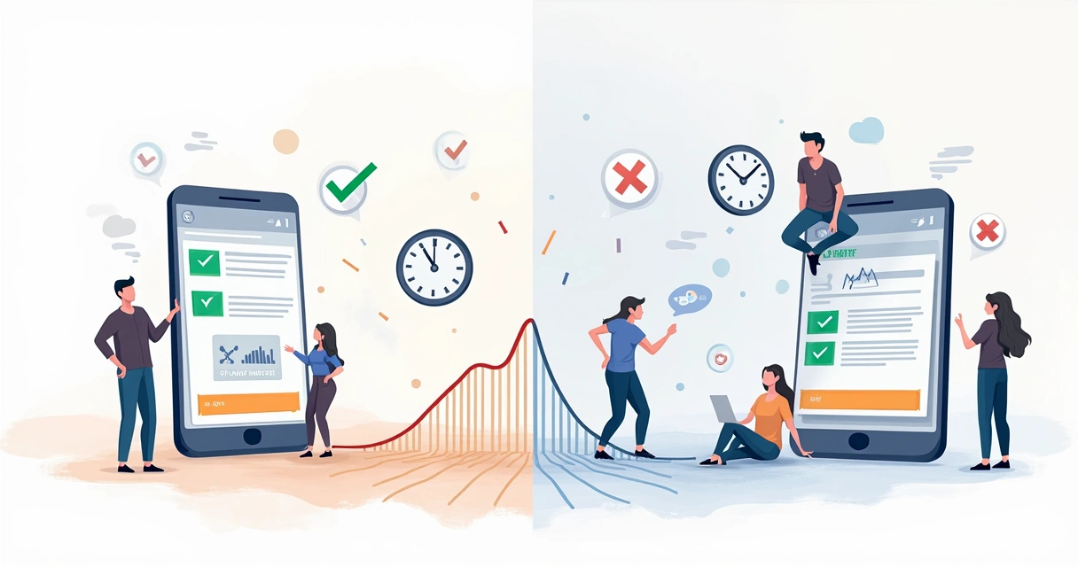 Comparativo visual entre uma landing page rápida e outra lenta em diferentes dispositivos 