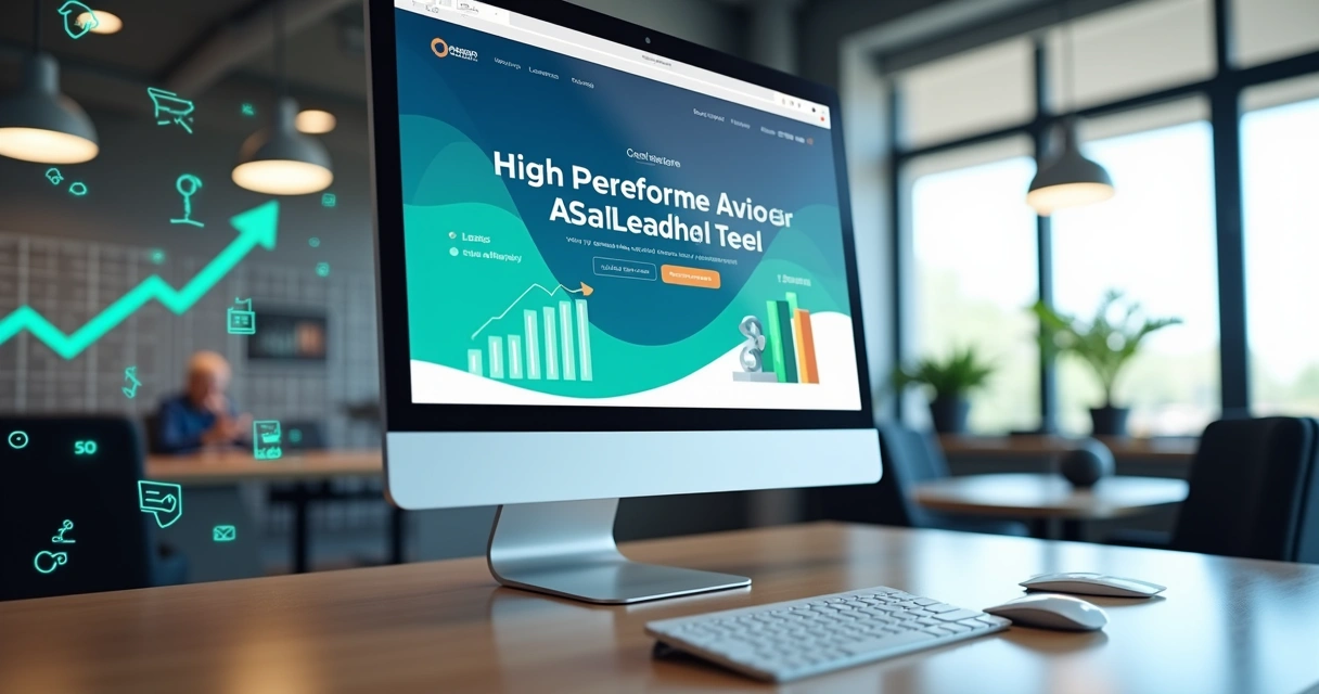 Tela de computador mostrando uma landing page SaaS com gráficos de conversão e layout moderno e colorido 