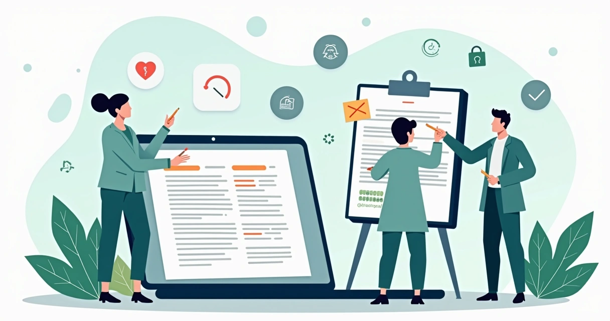 Equipe de marketing em saúde criando copy para landing page em laptop e tablet 