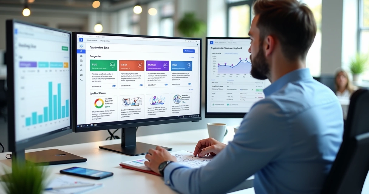 Dashboard com landing pages segmentadas e funil de leads qualificados 