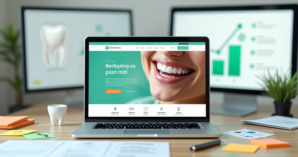 Notebook mostrando landing page de tratamento odontológico em foco com símbolos de conversão 