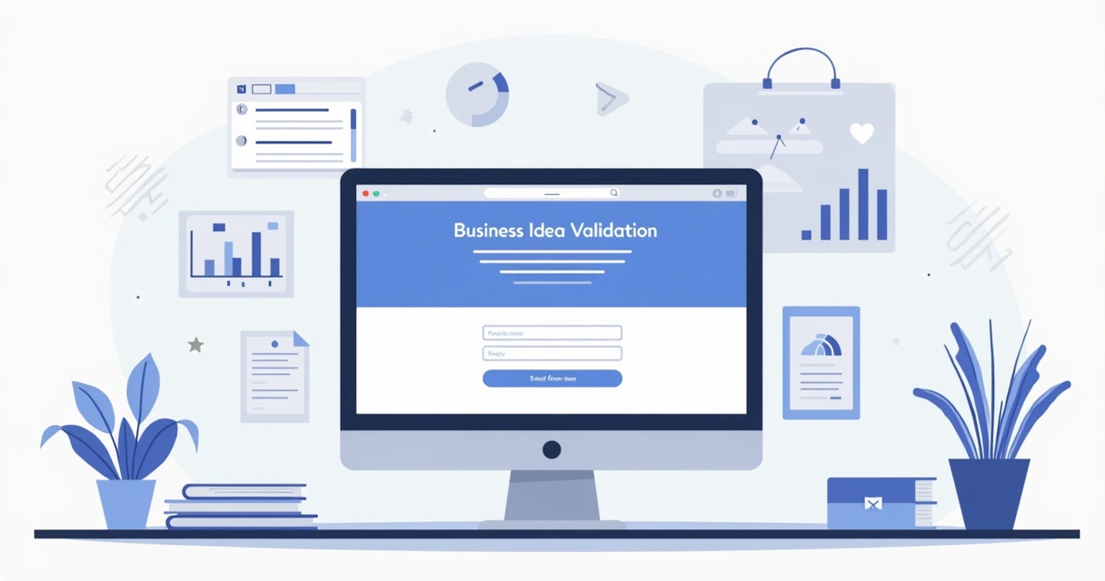 Ilustração de landing page com gráficos e formulário de cadastro 