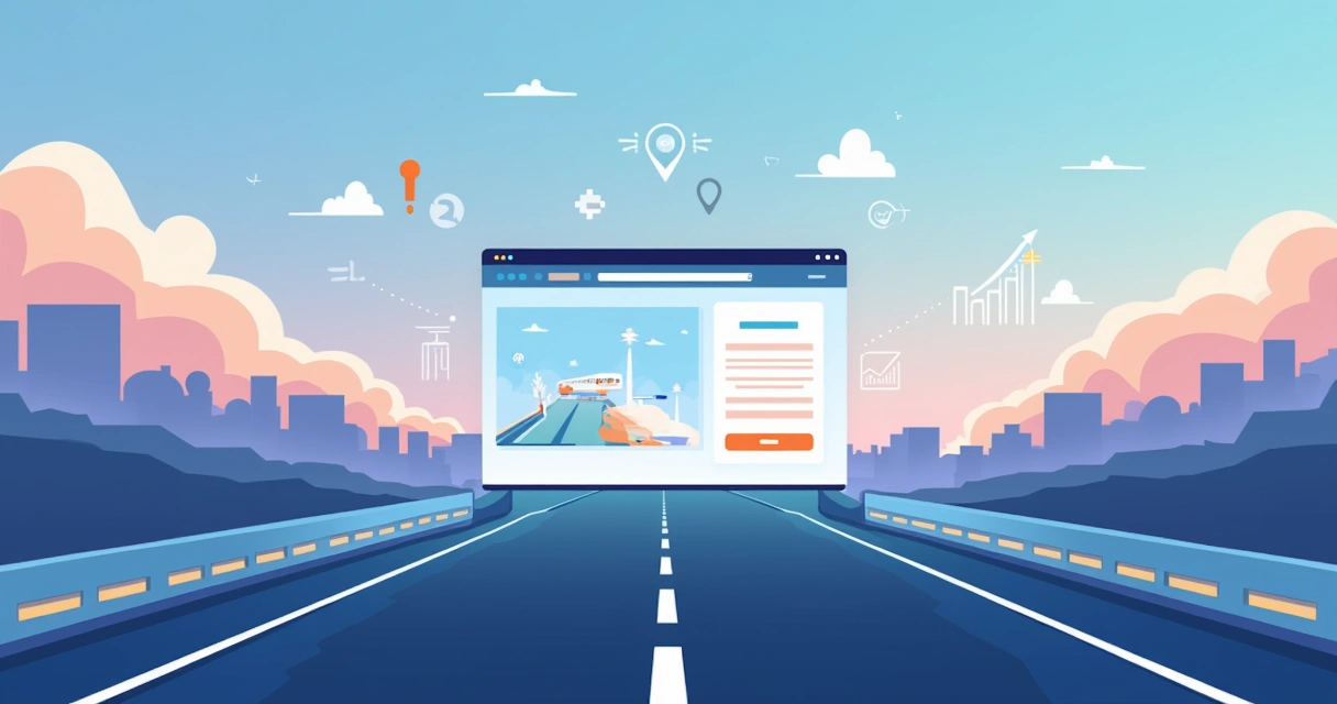 Ilustração de landing page voando em pista de alta velocidade com ícones de performance digital 