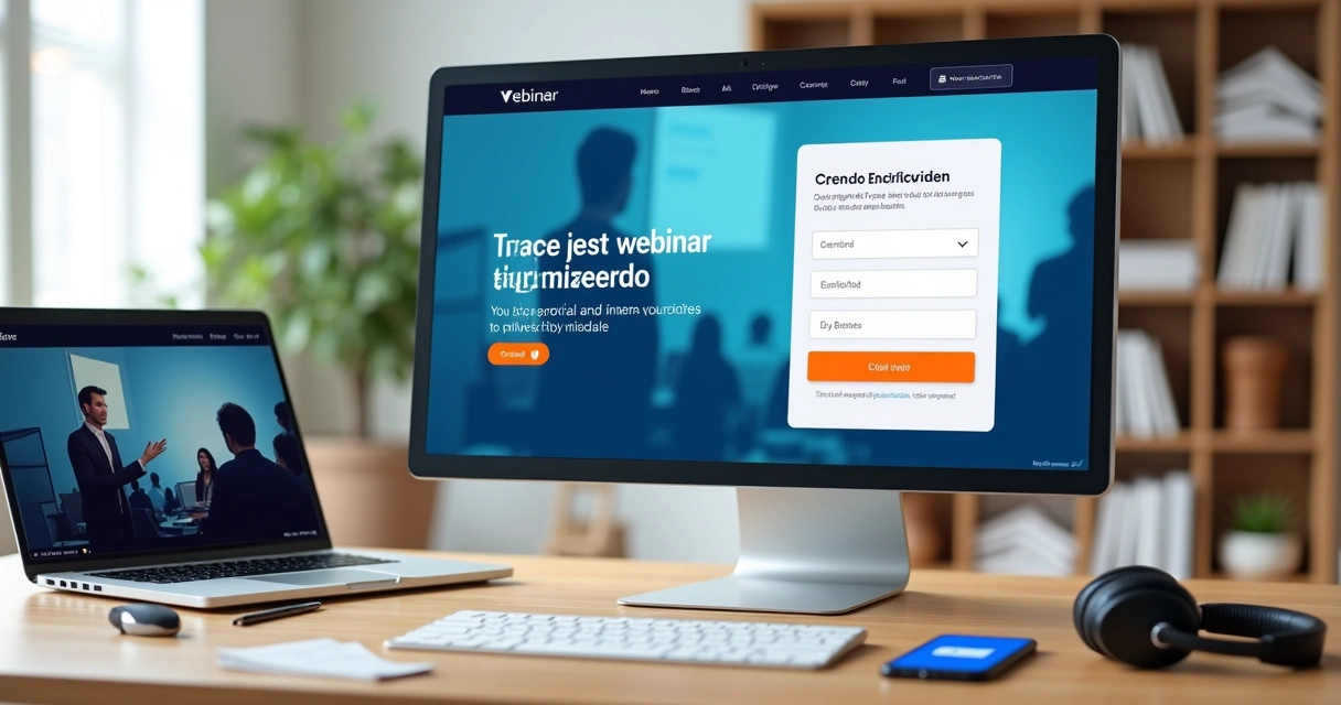 Tela de computador exibindo landing page de webinar com formulário simples e botão de inscrição destacado 