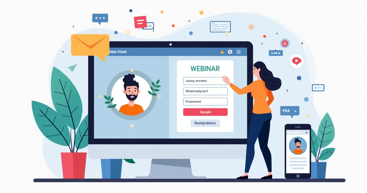 Tela de exemplo de landing page para webinar, mostrando formulário de inscrição e fotos de palestrantes 
