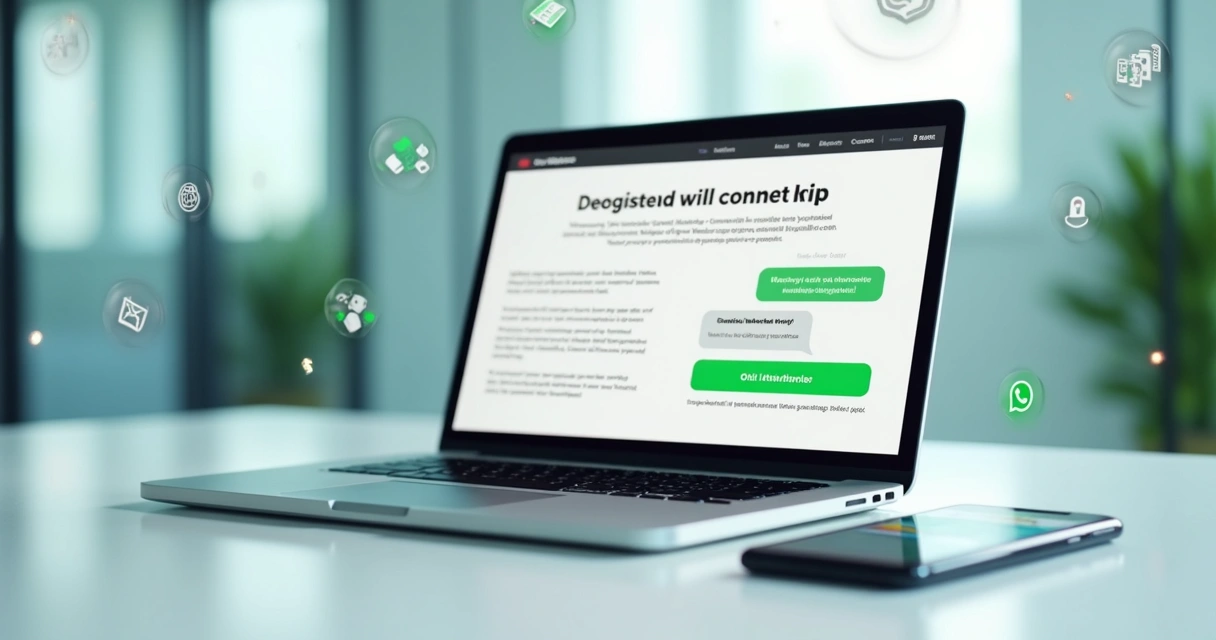 Tela de landing page em notebook com botão do WhatsApp em destaque ao lado de um smartphone com chat aberto 