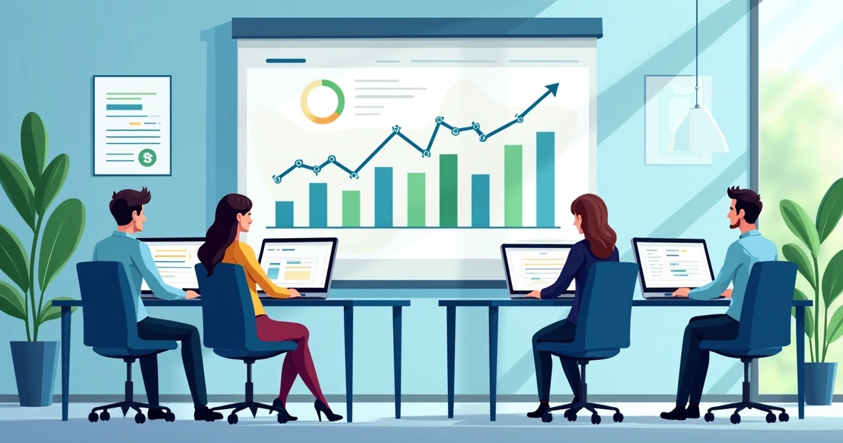 Equipe de agência digital monitorando crescimento de resultados em dashboard 