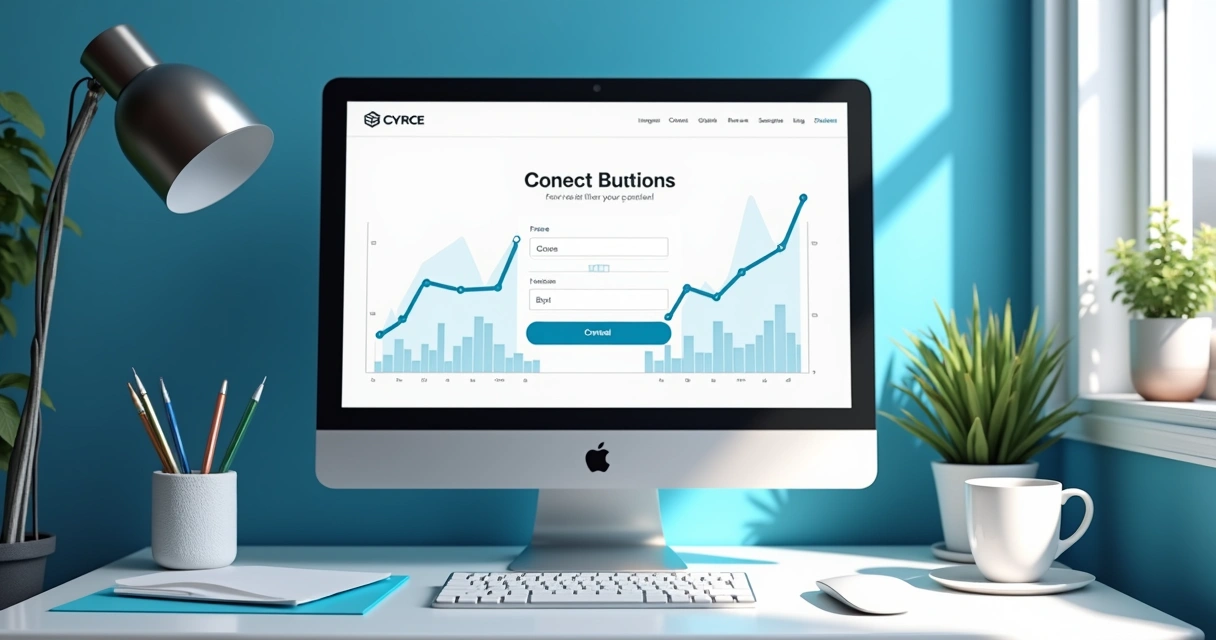 Tela de computador exibindo landing page com formulário e gráfico de conversão ao lado. 