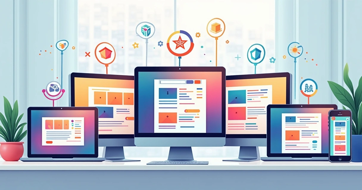 Várias interfaces de landing pages exibidas em diferentes dispositivos 