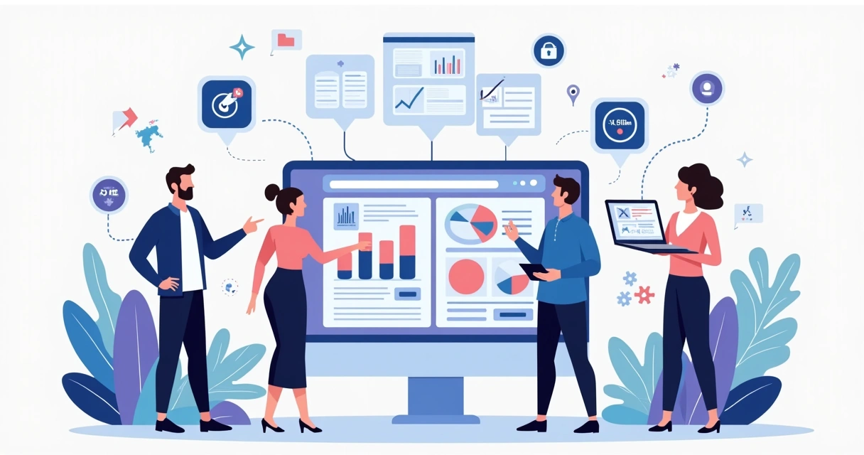 Equipe de agência digital analisando dashboards de conversão em landing pages em vários dispositivos 