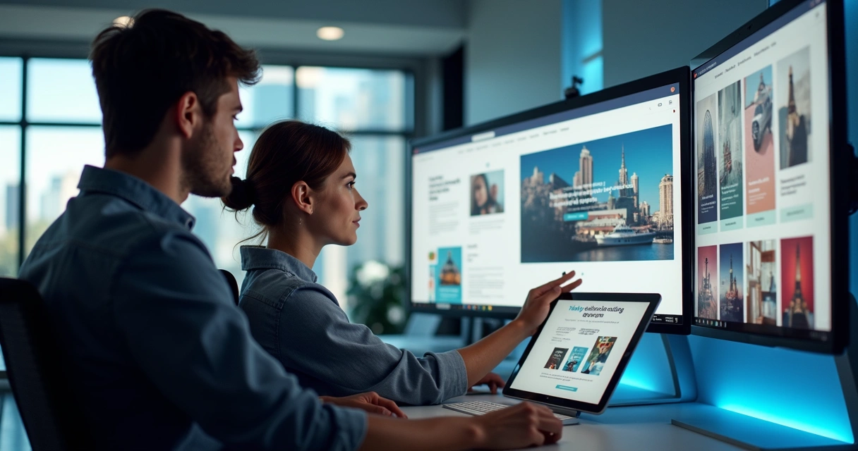 Profissionais ajustando landing pages em desktops e tablets 