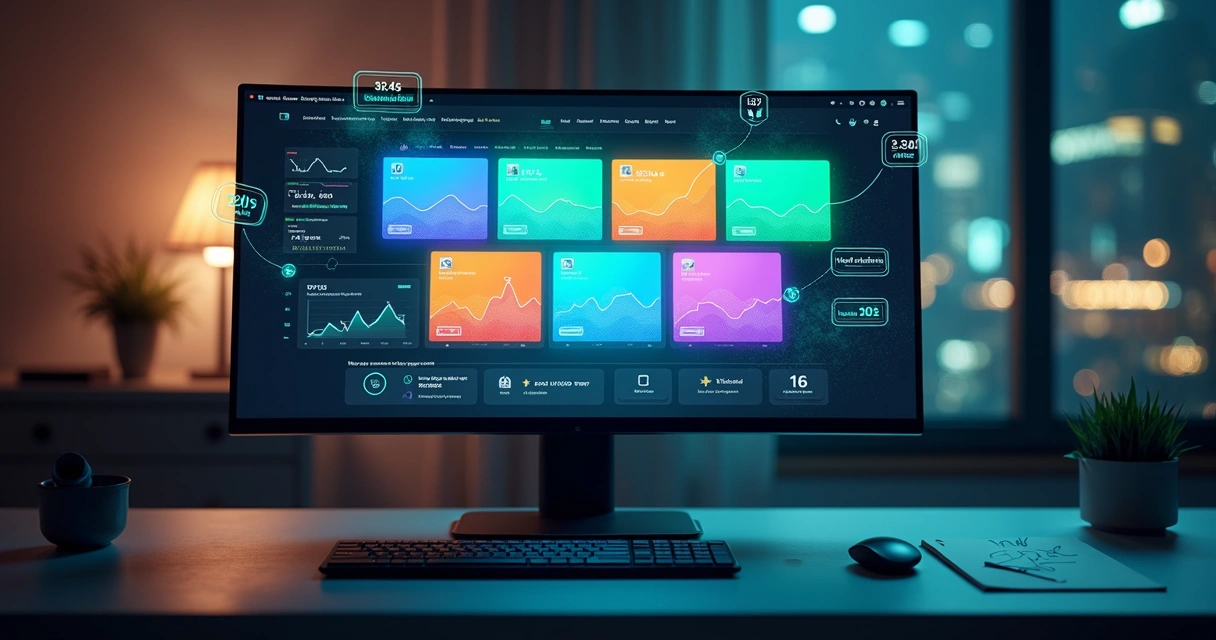 Dashboard com várias landing pages 2026 lado a lado e gráficos de conversão em destaque 