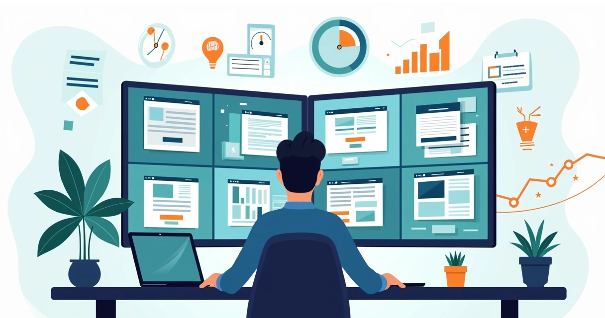 Profissional de marketing monitorando várias landing pages rápidas em dashboards digitais 