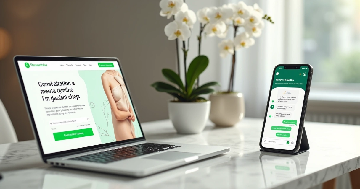 Tela de celular com WhatsApp ao lado de landing page de clínica de cirurgia plástica em laptop 