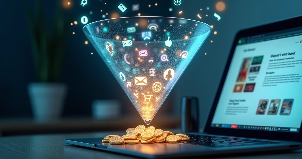 Funil digital rachado deixando escapar ícones de usuários e carrinhos de compra 