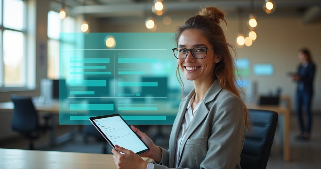 Mulher sorrindo segurando tablet, formulário digital ao fundo 