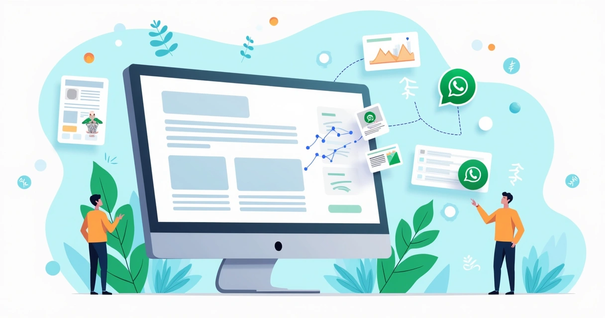 Tela de landing page conectada a ícones de anúncios e WhatsApp 